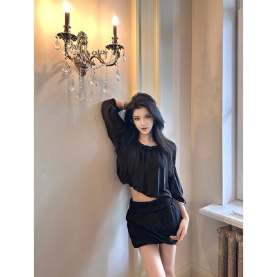 夏媛原创 时髦精褶皱针织腰口半身裙秋季新款松紧腰显瘦A字裙短裙