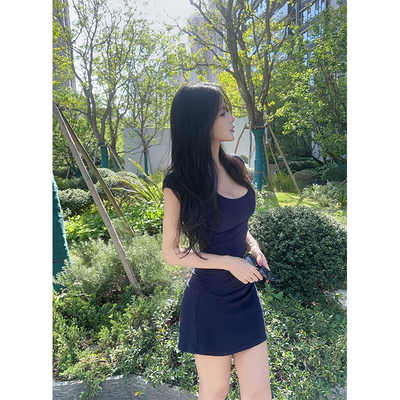夏媛原创 纯欲小白花 大方领基础款连衣裙短裙夏季新款修身显瘦裙
