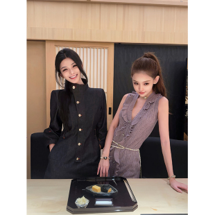 御姐设计感女装 夏媛原创 时尚 牛仔撞色连衣裙秋冬新款 拽酷学姐