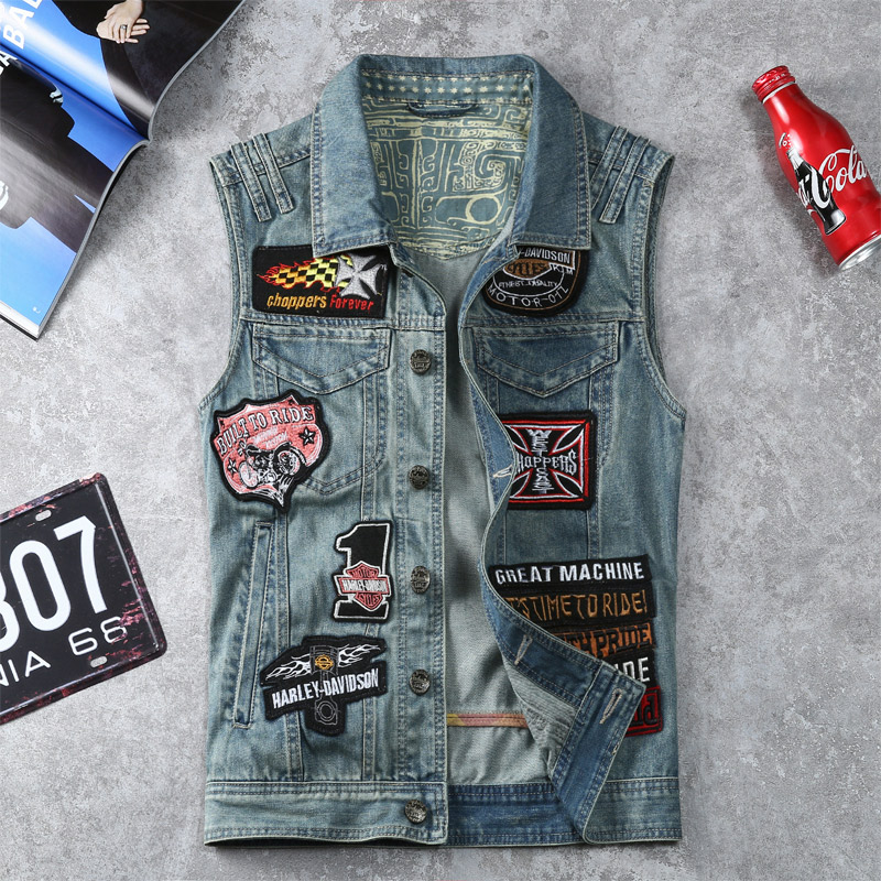 欧美贴布牛仔休闲外套无袖马甲