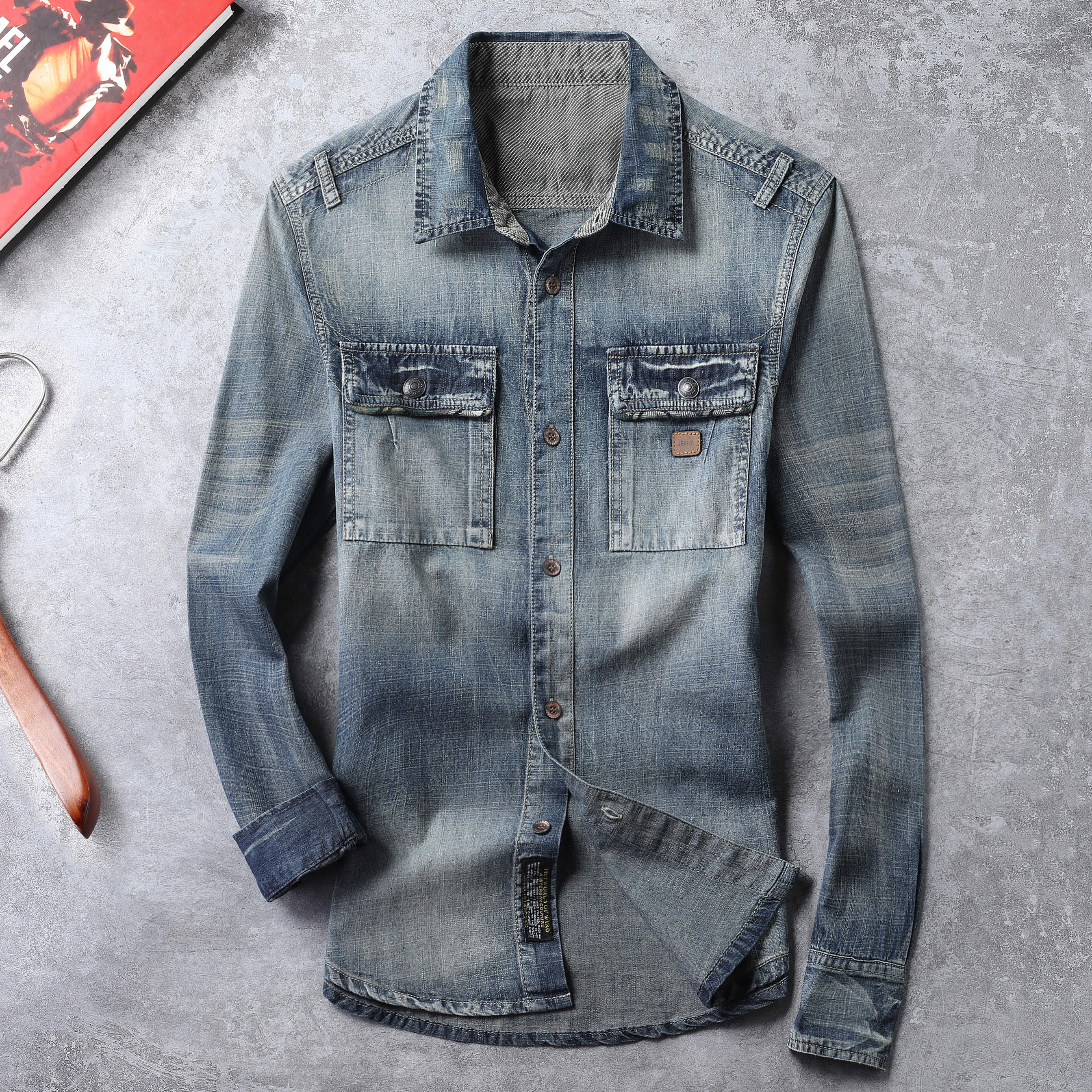 卡威酷 潮男春秋款拼接水洗牛仔衬衫工装男士长袖衬衣型男修身帅