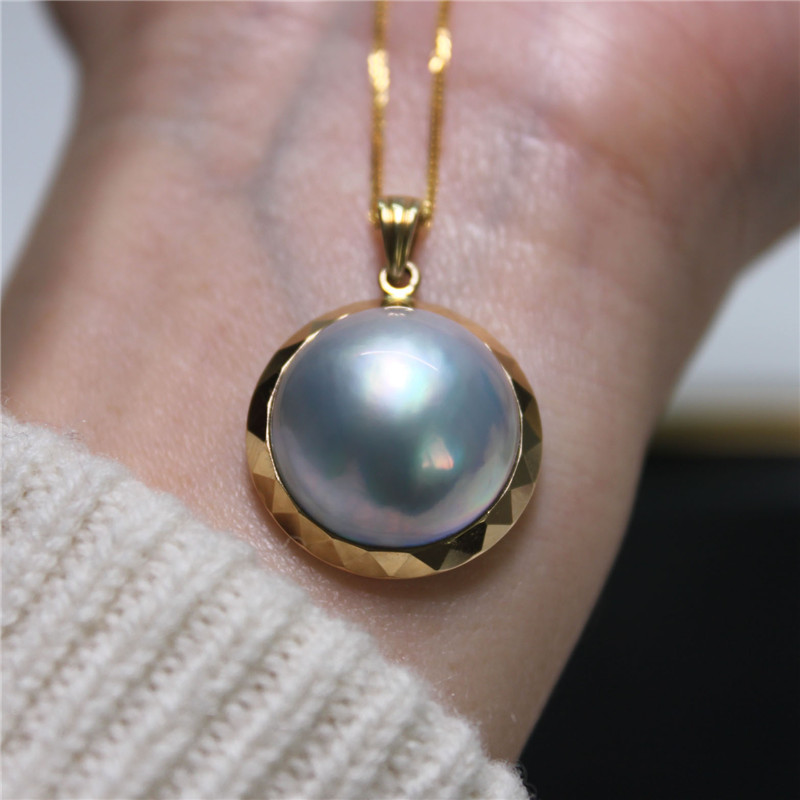 天然星空蓝海水马贝珍珠切面车花款18k黄金玛贝大吊坠正品现货