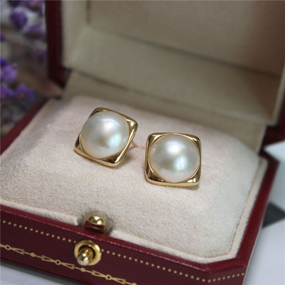 天然海水马贝珍珠耳钉复古方形mabe耳环18k金镶嵌正品女气质现货
