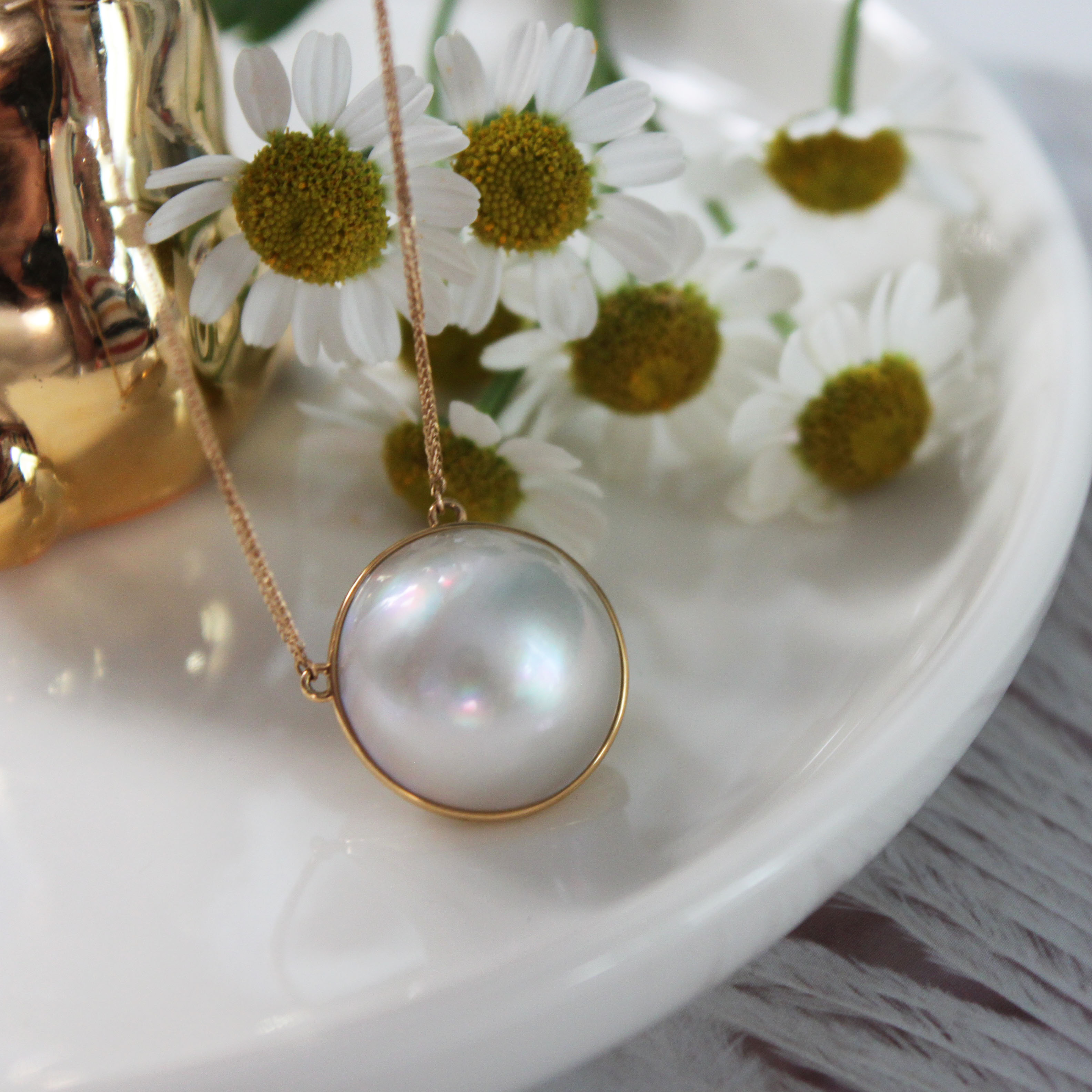 18K黄金镶16-17mm海水马贝珍珠吊坠套链毛衣链厚实肖邦链简约百搭