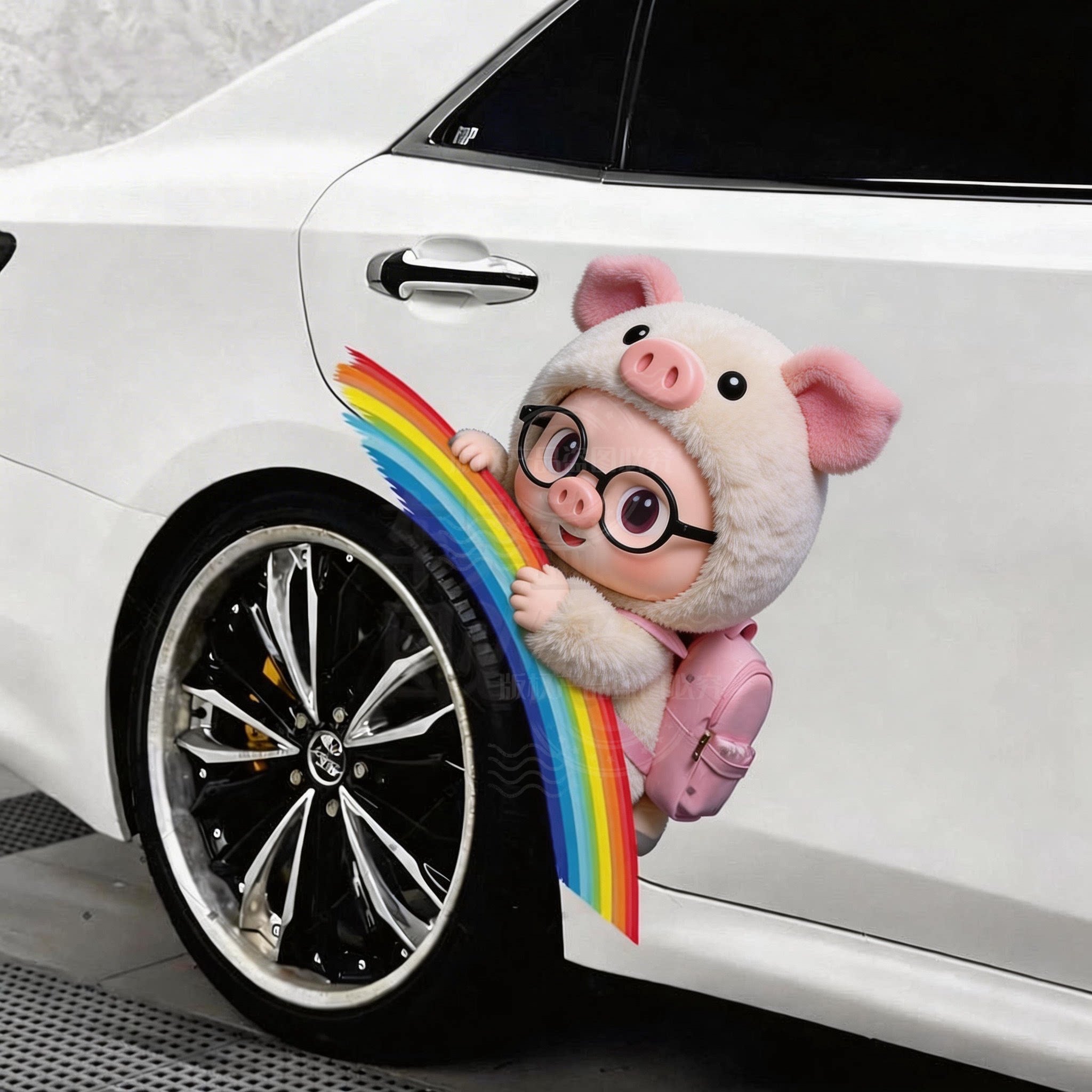 新款可爱彩虹猪猪宝汽车贴轮眉轮毂贴车轮车身弧形装饰贴划痕遮挡