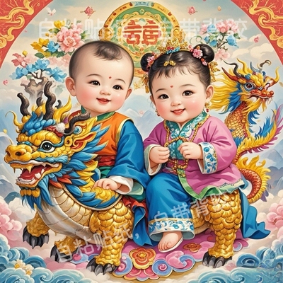 国风年画麒麟多子多福自粘贴画入户玄关客厅走廊装饰书房餐厅贴画