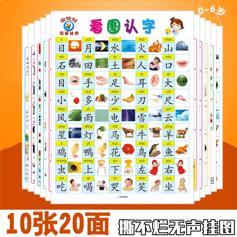 婴幼儿童无声挂图全套0-3岁宝宝早教拼音挂图启蒙看图识字认知卡