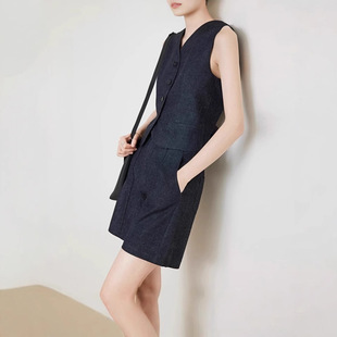 套装 阳离子仿牛仔面料马甲女夏季 背心马甲五分裤 无袖 透气抗皱短裤