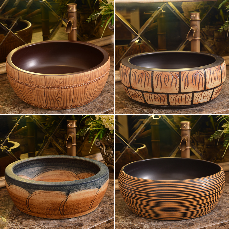 包邮中式欧式仿古盆台上盆陶瓷艺术盆洗手盆洗脸盆中式创意仿木纹