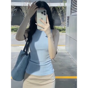 修身 美式 新款 背心女夏季 收腰外搭上衣 辣妹风蓝色半高领设计感无袖