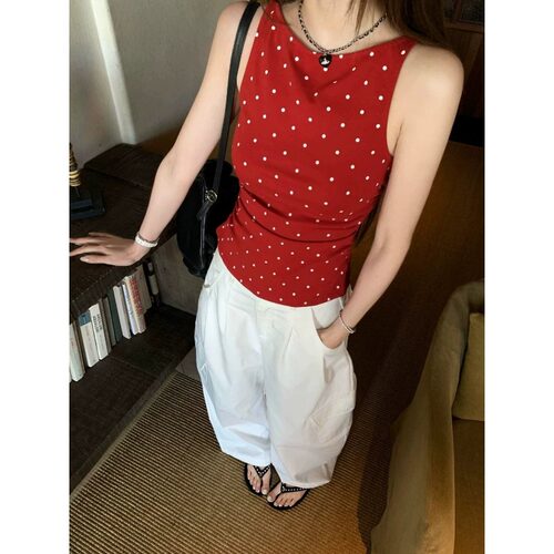 【宋正恩】红色波点吊带背心女装