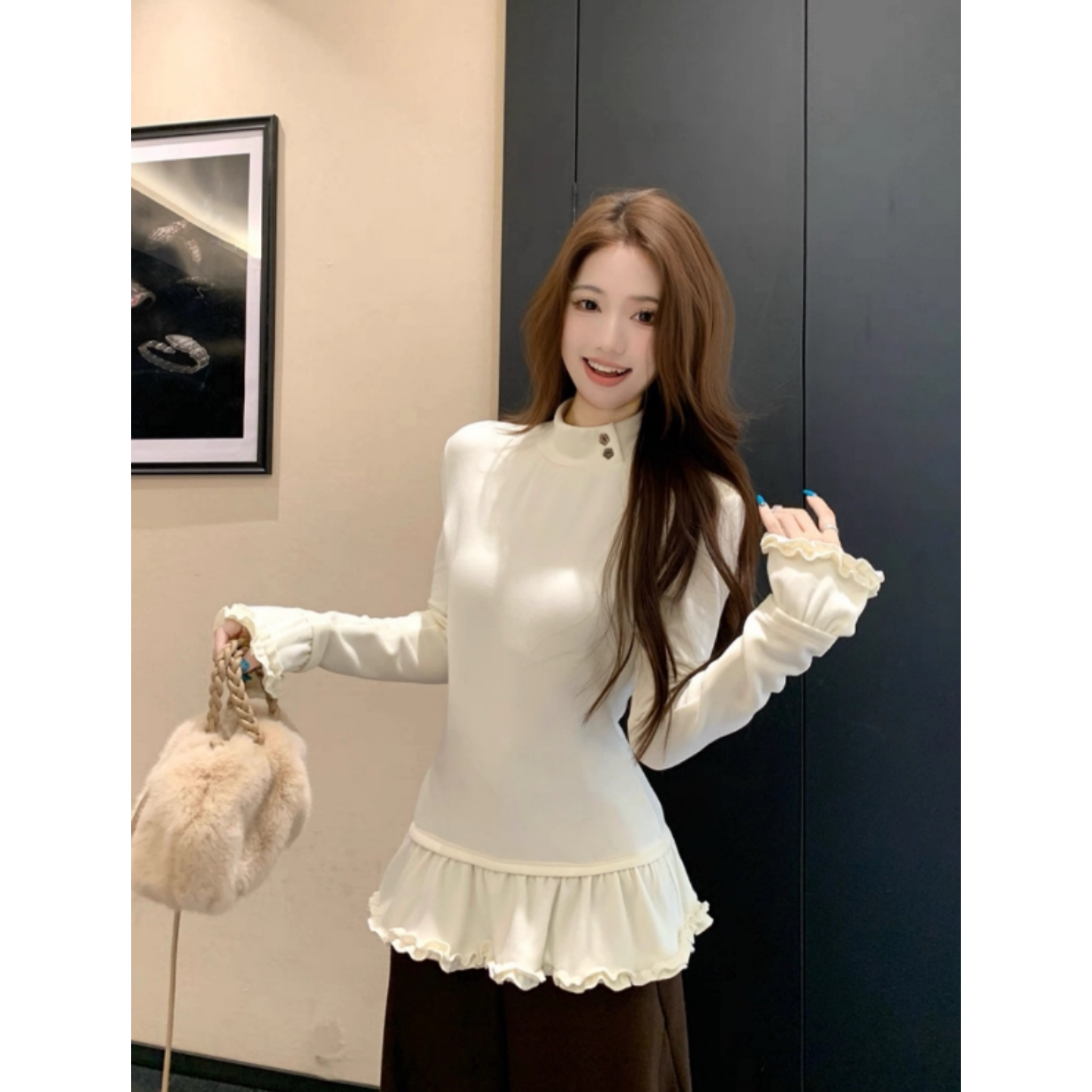 甜美半高领打底衫木耳长袖T恤女