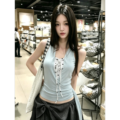 【谢不肉】假两件挂脖吊带背心女