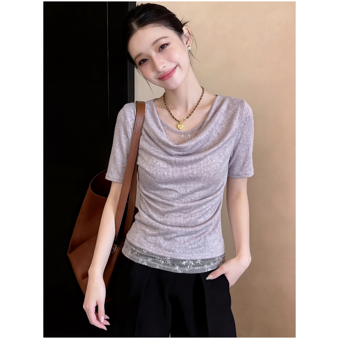 纯欲假两件荡领蕾丝拼接短袖T恤女夏季紫色掐腰修身显瘦正肩上衣
