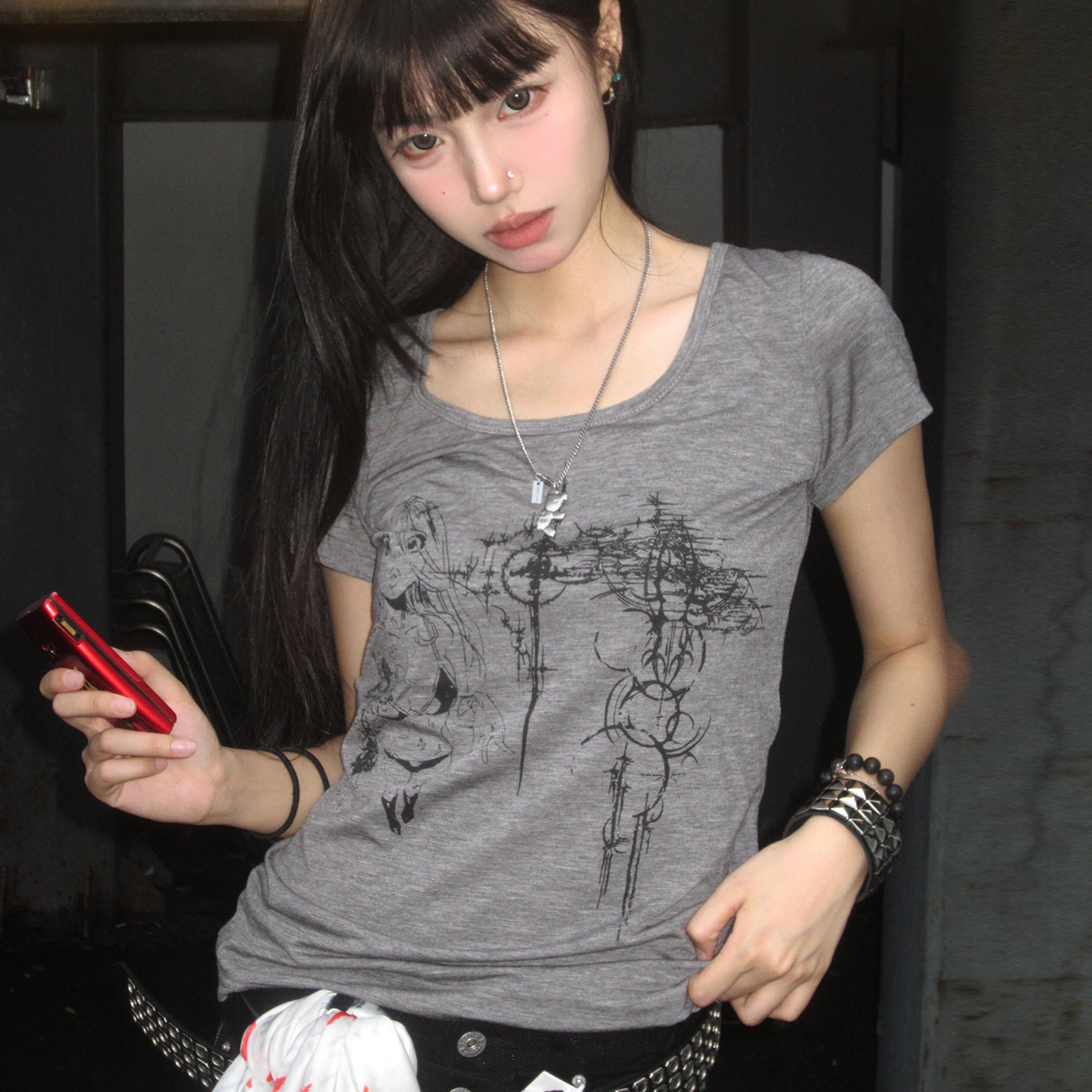 美式y2k亚文化正肩做旧短袖t恤女