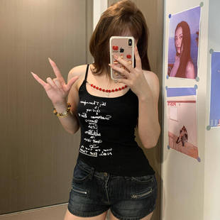 辣妹风字母印花性感气质吊带背心女夏季 显瘦串珠链条百搭上衣 修身