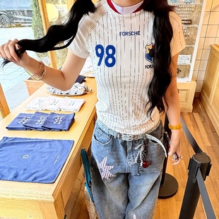显瘦辣妹上衣 美式 撞色条纹正肩运动球衣短袖 t恤女夏季 设计感修身