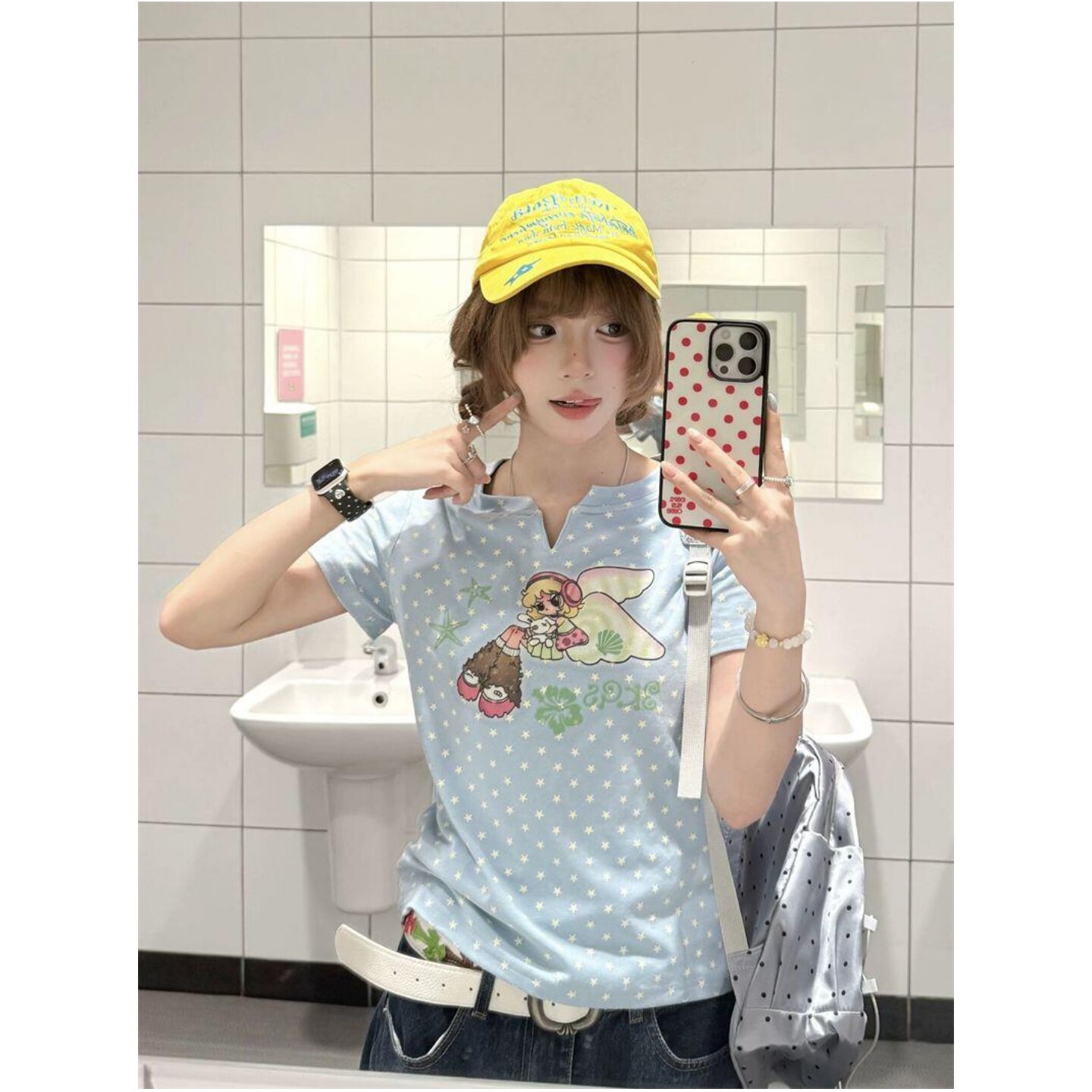 多巴胺蓝色星星V领正肩短袖T恤女夏季辣妹修身显瘦独特漂亮的上衣