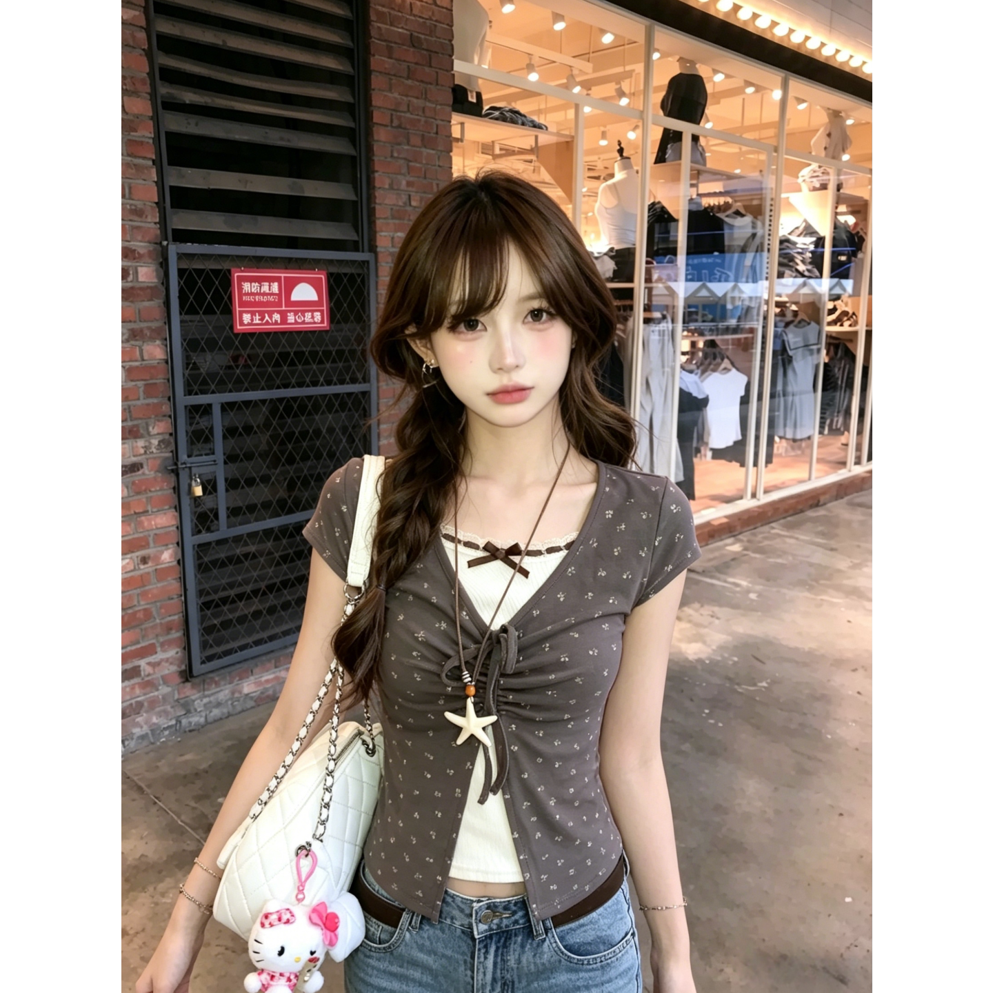 韩系减龄设计感假两件蕾丝碎花短袖T恤女夏季甜辣修身打底V领上衣