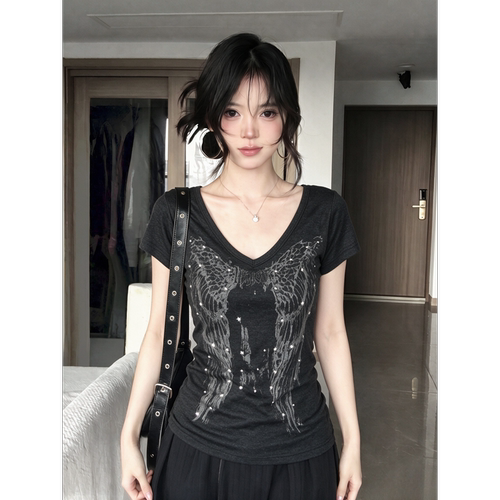 【JHYWZD不响卷】翅膀烫钻T恤女
