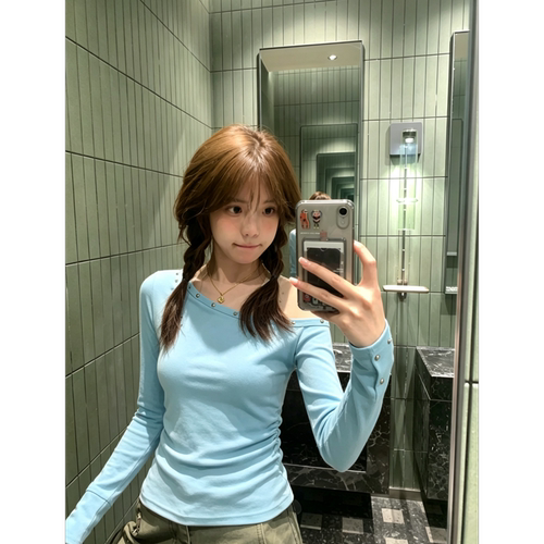 【宋正恩】ins风蓝色长袖T恤女装