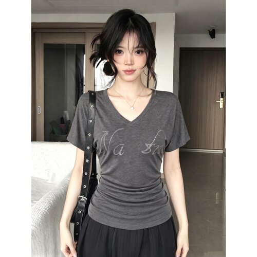 【阿昕亮晶晶】V领灰色短袖T恤女