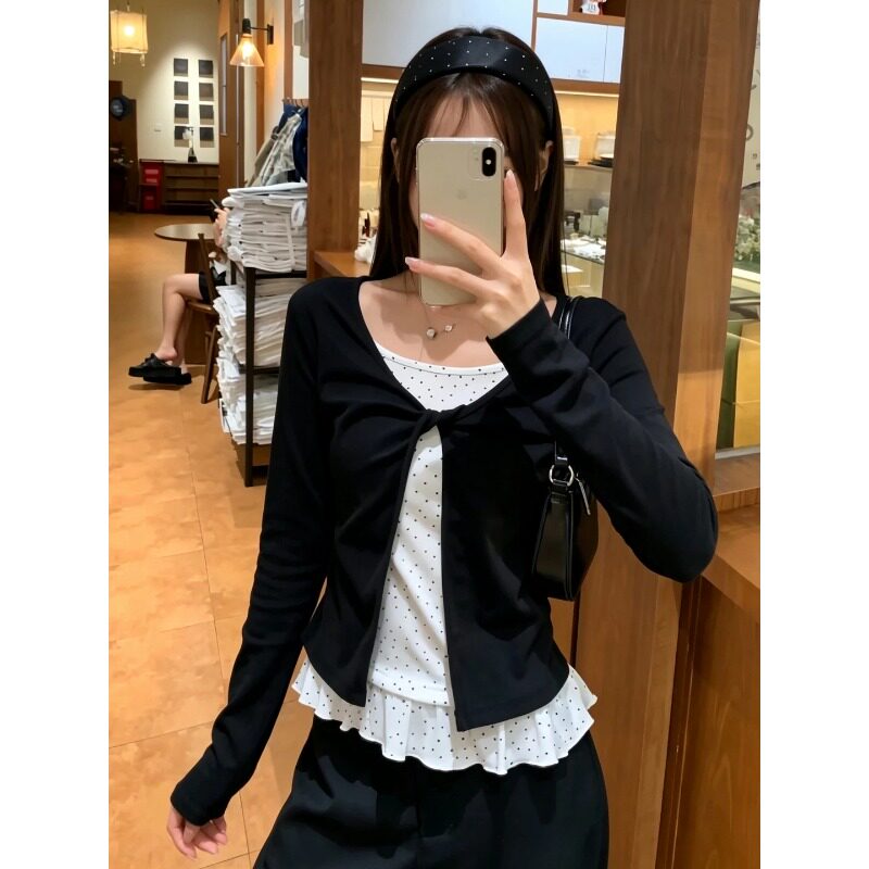 韩系假两件波点花边扭结长袖T恤女秋季新款黑色显瘦温柔甜美上衣