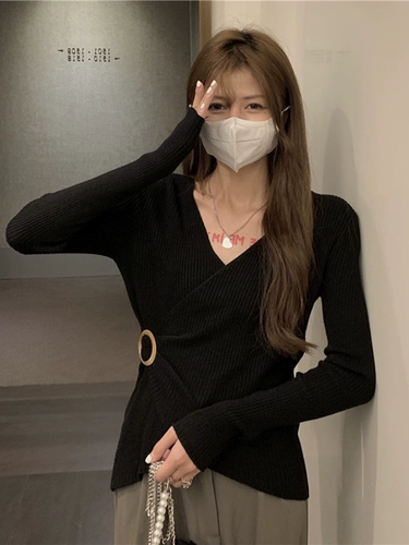 Сексуальный трикотажный свитер, осенний, V-образный вырез