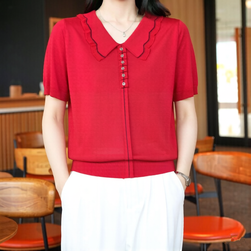 夏天娃娃领短袖上衣韩版高级感针织衫女薄款中老年妈妈设计感t恤