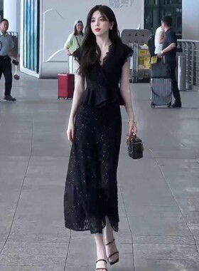 大方得体时尚套装2025夏季新款御姐气质细闪无袖蕾丝上衣半裙女装