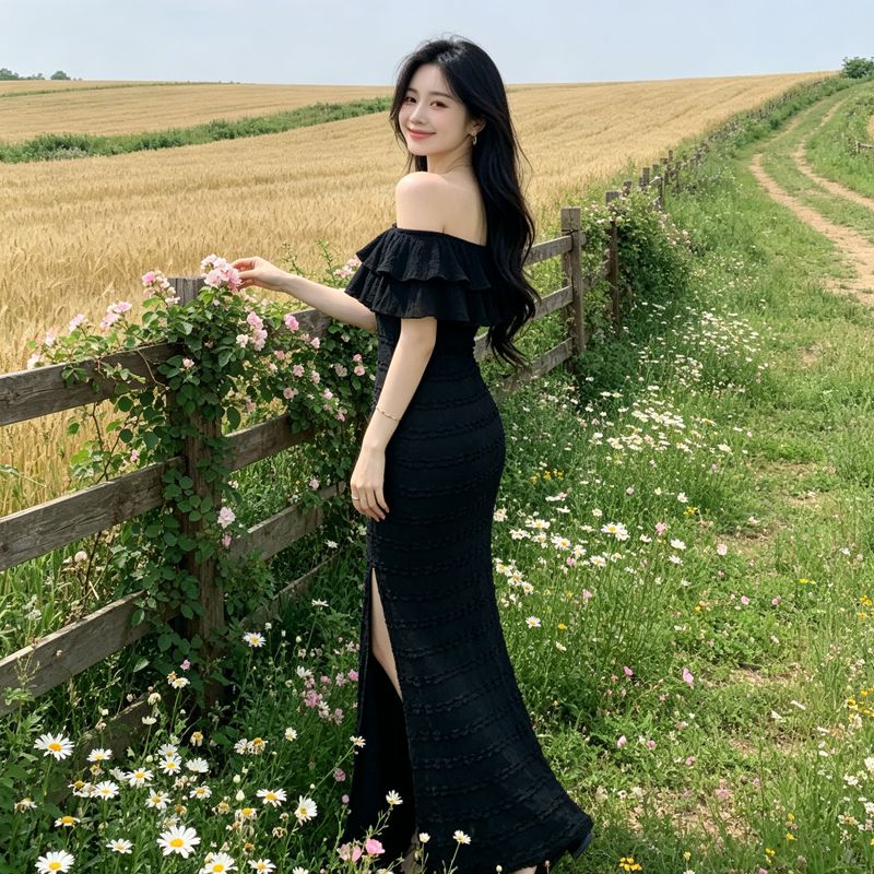 夏季收腰显瘦包臀裙子黑色开叉长裙法式气质荷叶边一字肩连衣裙女