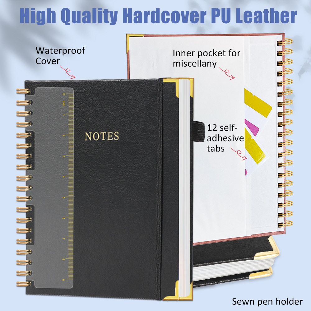 高品质PU皮硬壳笔记本防水封面12页自粘标签缝纫笔袋手帐本