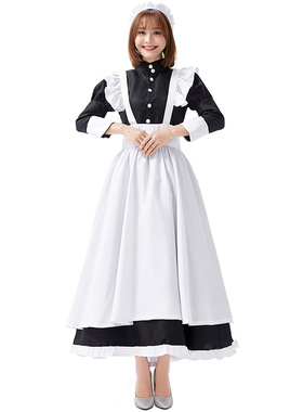 欧洲古堡女佣服S-XXL胖MM加大码黑白色女仆装咖啡馆侍从制服长裙