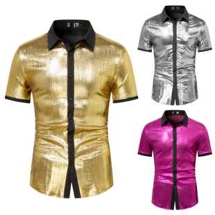 男士金色闪光亮面短袖T恤上衣大码歌手舞台演出服街头风银色衬衫
