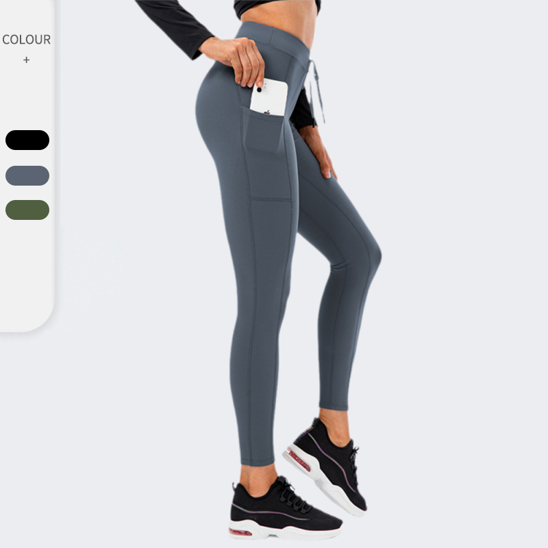 加大码跑步健身长裤带手机口袋蜜桃臀瑜伽裤女系带高腰紧身运动裤