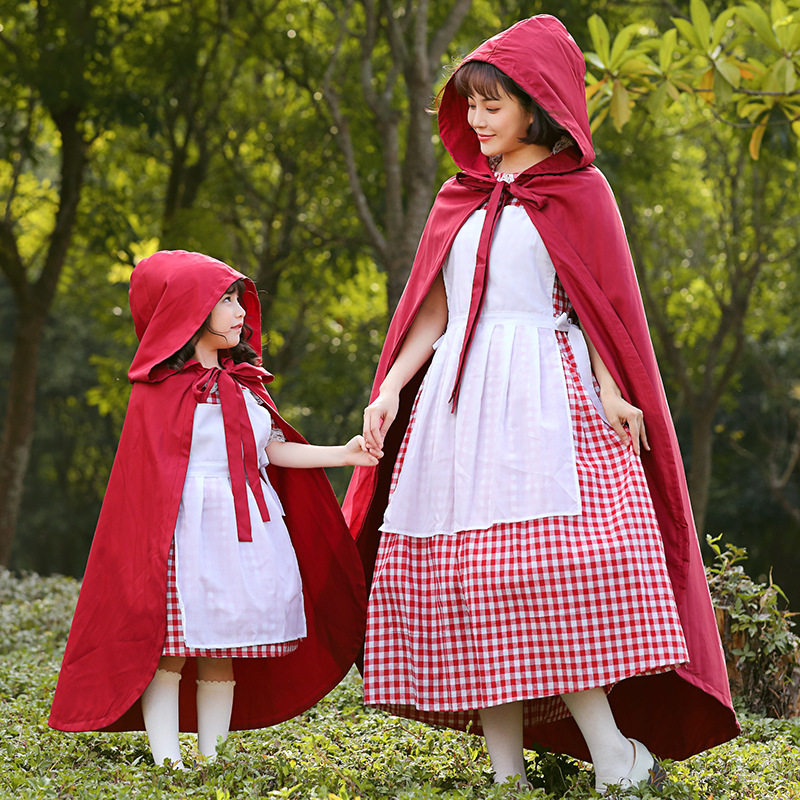 童话故事话剧表演服亲子装万圣节小红帽cosplay格子连衣长裙披风图片