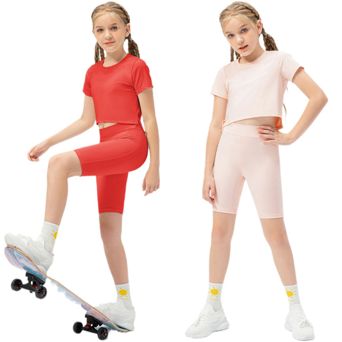 女孩速干舞蹈健身T恤儿童紧身瑜伽服跑步运动短袖上衣短裤两件套,运动服/休闲服装,健身套装,淘宝优惠券,粉丝福利购,淘宝优惠卷