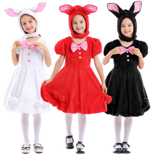 儿童动物派对萌兔装幼儿园小学演出服女孩白红黑色兔子带帽连衣裙