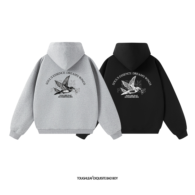 toughleaf(毛圈抓毛)(不加绒)500g重磅大鸟印花情侣连帽卫衣男女