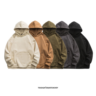 toughleaf(麂皮+银狐绒)600g重磅加绒日系复古宽松情侣连帽卫衣男