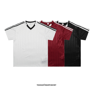 tee夏季 toughleaf美式 复古条纹撞色v领运动球服T恤男宽松情侣短袖