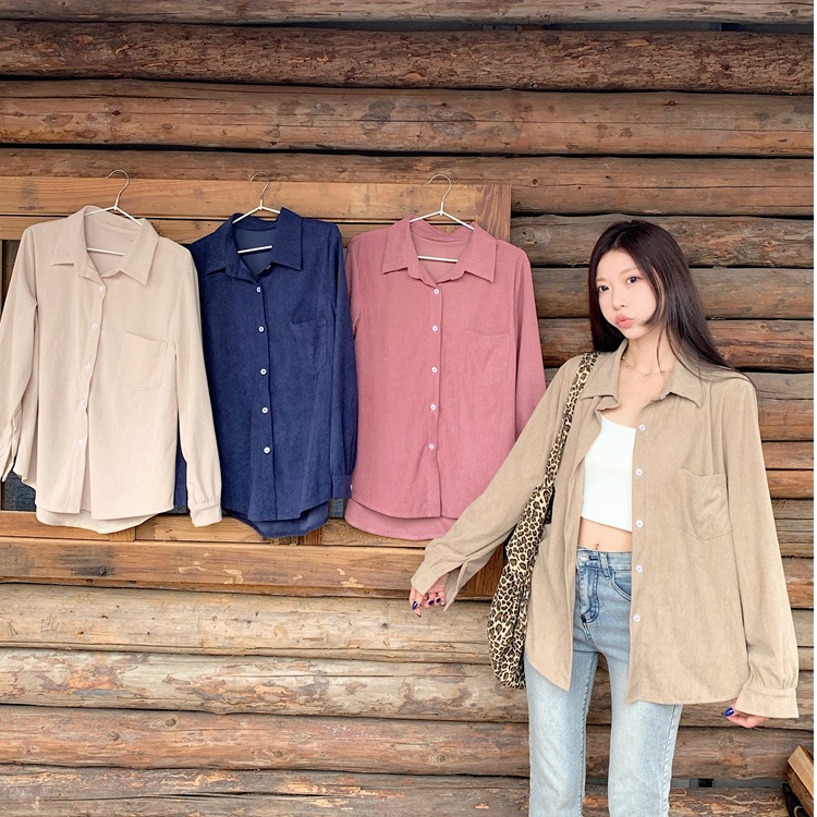 秋冬新款大码复古灯芯绒衬衫外套女胖mm衬衣中长款宽松百搭上衣好