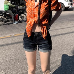 女胖mm高腰设计感显瘦热裤 美式 复古牛仔短裤 翻边短裤 新款 夏季 大码