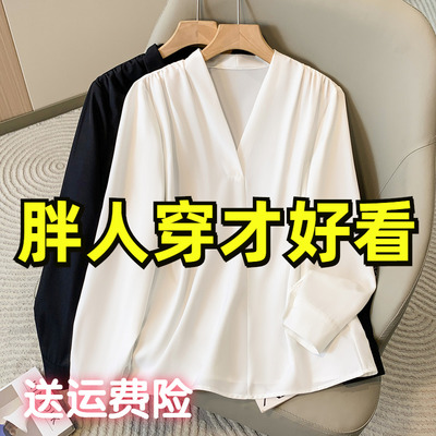 大码设计感V领长袖衬衫时尚衬衣