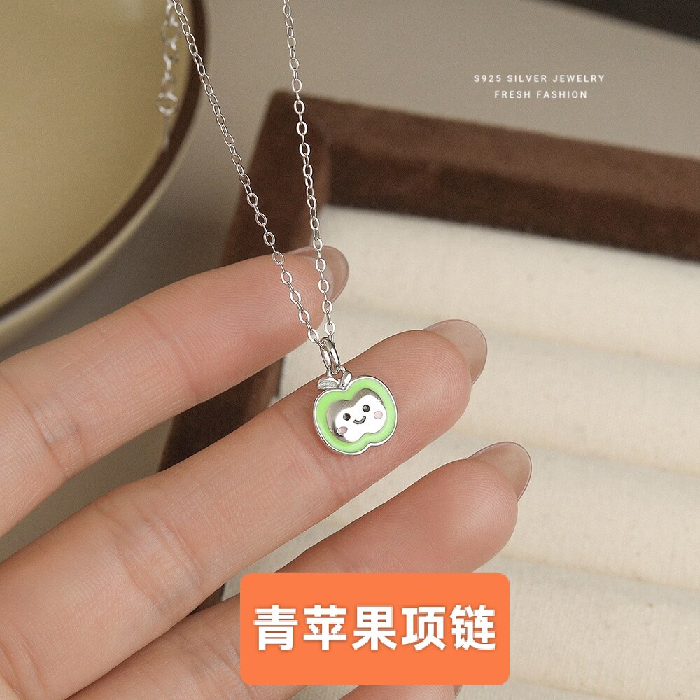 s925纯银可爱滴胶青苹果笑脸吊坠项链女款锁骨链少女心饰品送女友
