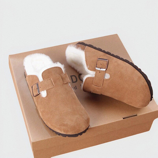 羊毛勃肯鞋男女真皮包头软底毛毛半拖鞋底秋冬保暖羊皮毛一体拖鞋