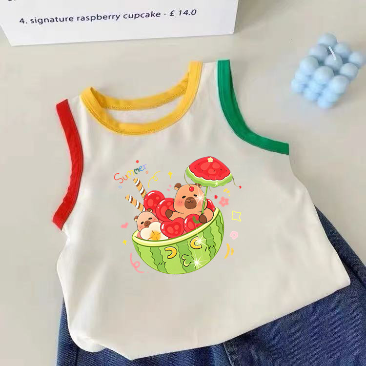 儿童纯棉背心夏季男女童薄款无袖T恤卡通衣服西瓜图案中小童上衣