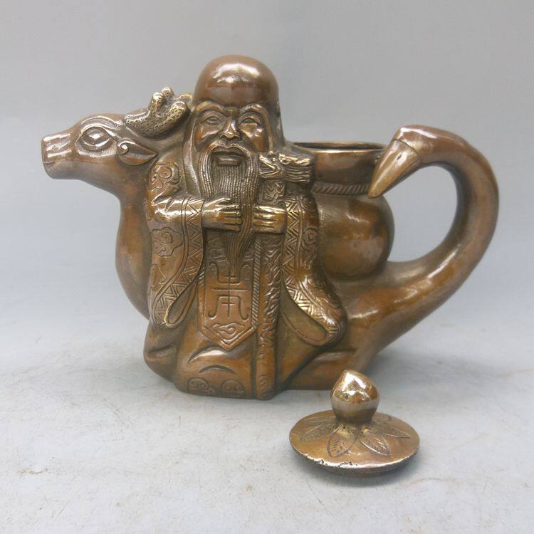 荣华富贵纯铜壶寿星鹿壶茶壶仿古壶风水铜器古玩收藏家居客厅装饰