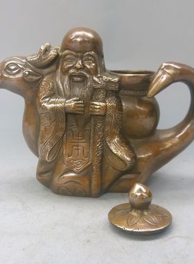 荣华富贵纯铜壶寿星鹿壶茶壶仿古壶风水铜器古玩收藏家居客厅装饰
