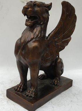 荣华富贵新款黄铜客厅纯铜狮子飞兽现代雕塑铜飞狮铜雕桌面摆件